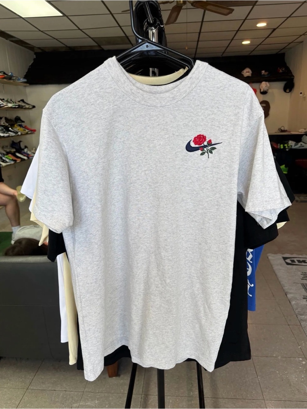 Nike Light Gray Short Sleeve T-Shirt with Red Rose Swoosh